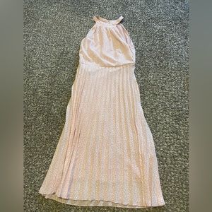 Pink floral midi dress with high halter button neck